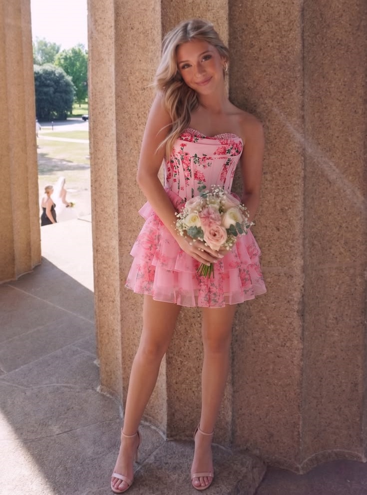Women Pink Floral Strapless Corset Mini Dress Tiered Tulle Ruffle Party Dress