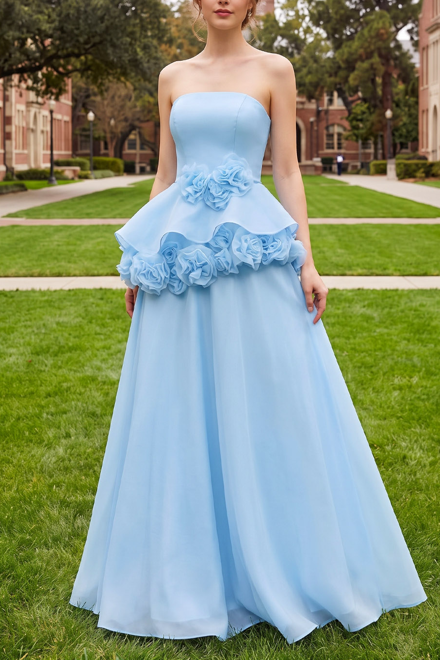 Light Blue 3D Floral Strapless Maxi Prom Dress