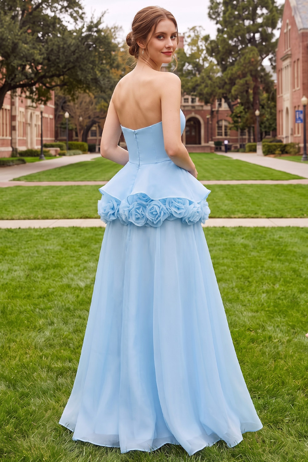 Light Blue 3D Floral Strapless Maxi Prom Dress