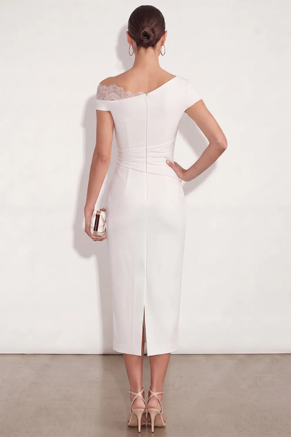 White Bodycon Asymmetrical Neck Midi Work Dress with Lace