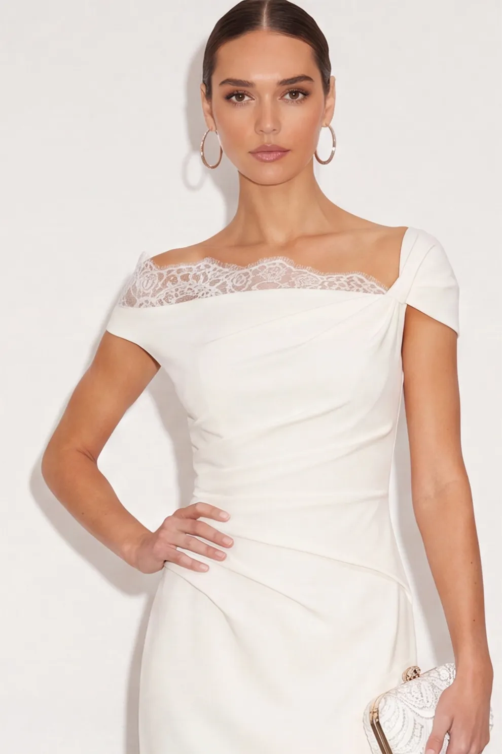 White Bodycon Asymmetrical Neck Midi Work Dress with Lace