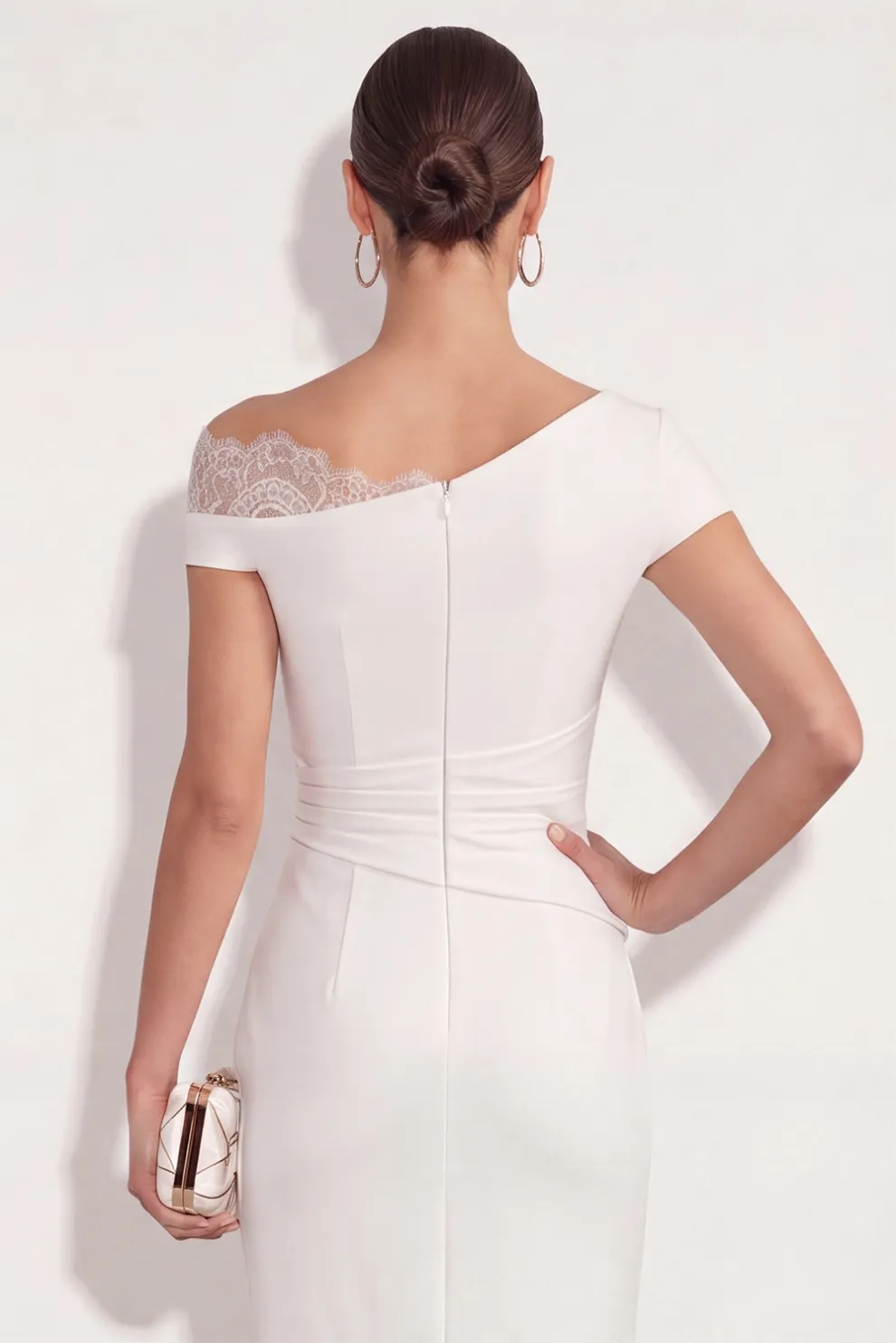 White Bodycon Asymmetrical Neck Midi Work Dress with Lace