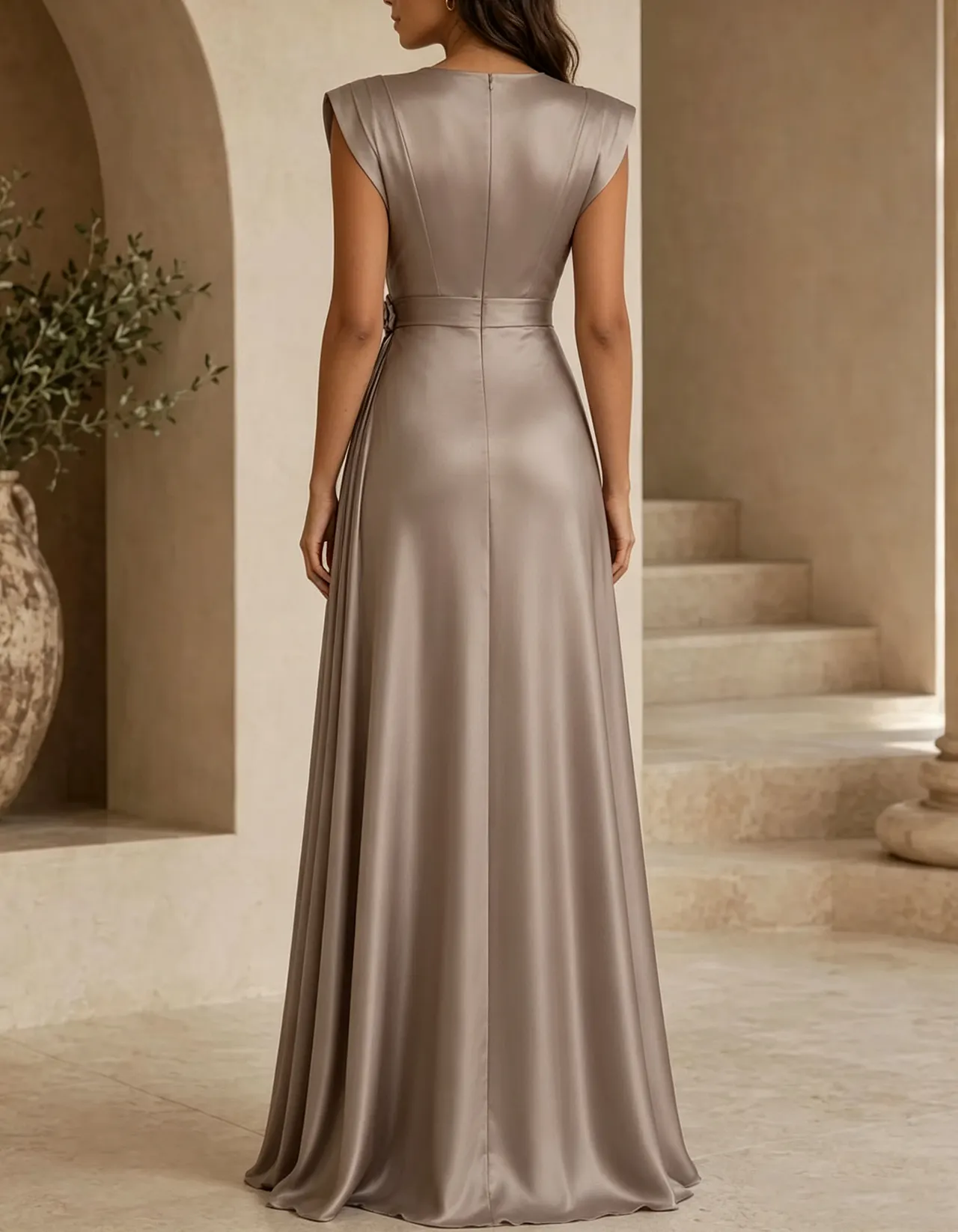 Taupe Pleated Satin Deep V Neck 3D Rose Maxi Dress