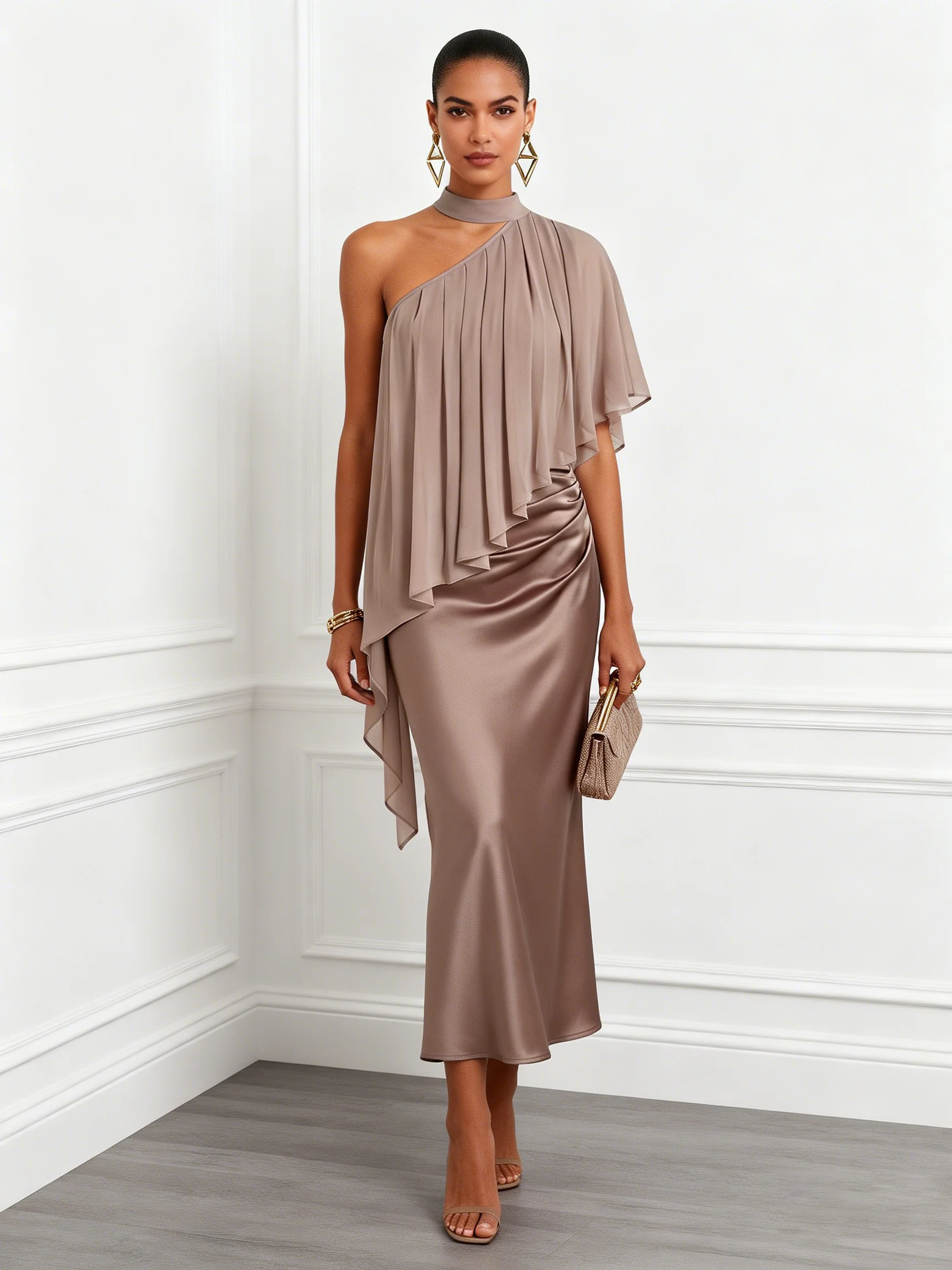 Brown Ruched Satin Halter Neck Sleeveless Mermaid Midi Dress