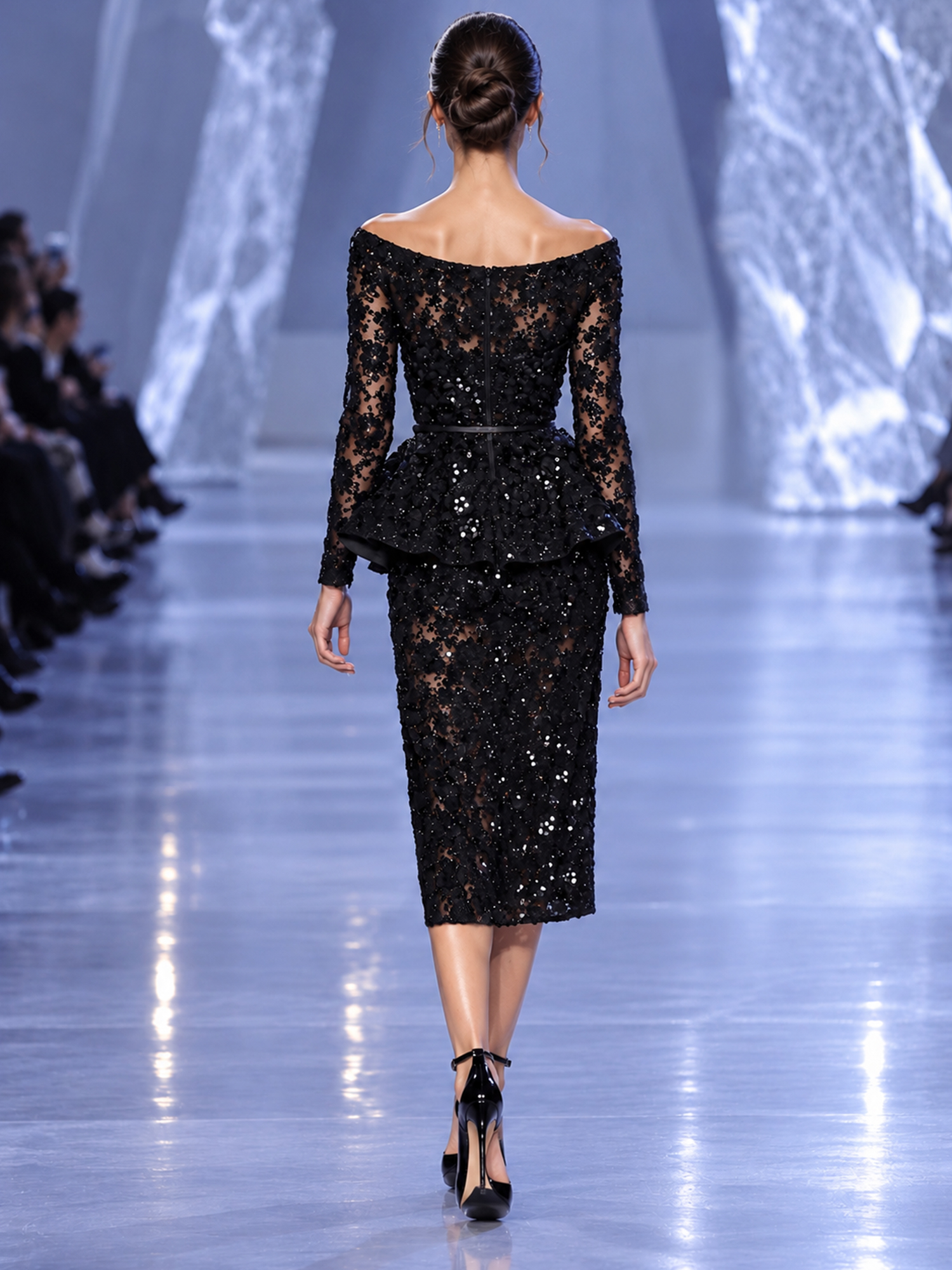 Black Off Shoulder Sequin Floral Appliqué Midi Lace Evening Dress