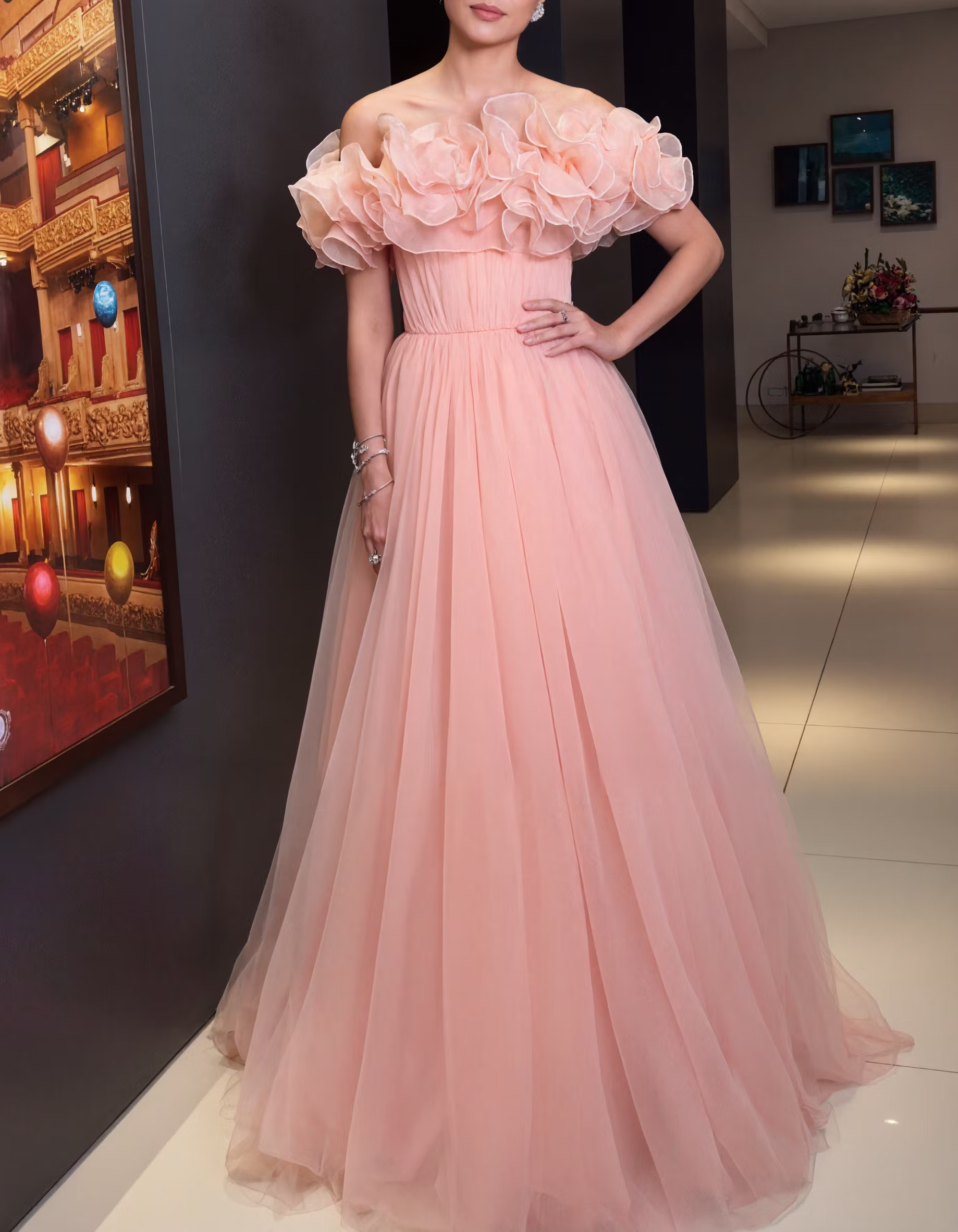 Light Pink Tulle Off-the-Shoulder Ruffle Waist-Cinched Maxi Dress