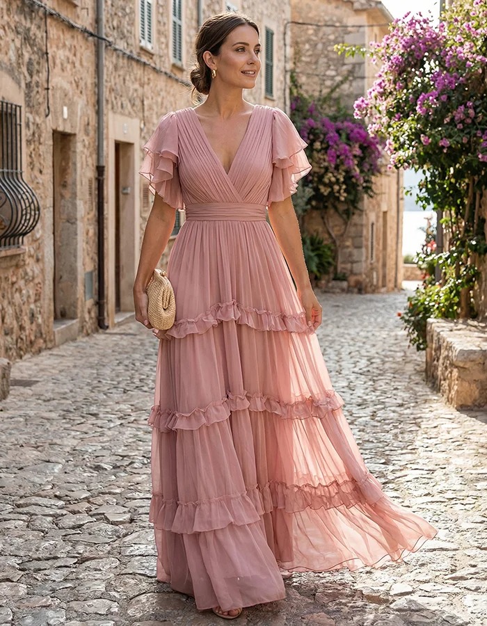 Pink Chiffon Ruffled Hem Maxi Dress