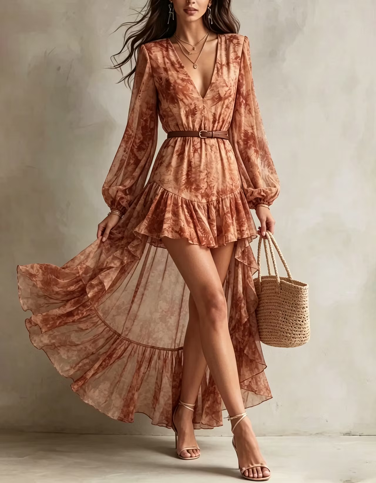 Rust Brown Printed Chiffon V-Neck Puff Sleeve High-Low Ruffle Maxi Dress