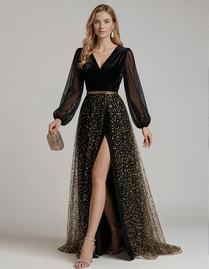 Black Velvet Chiffon Splicing Maxi Dress
