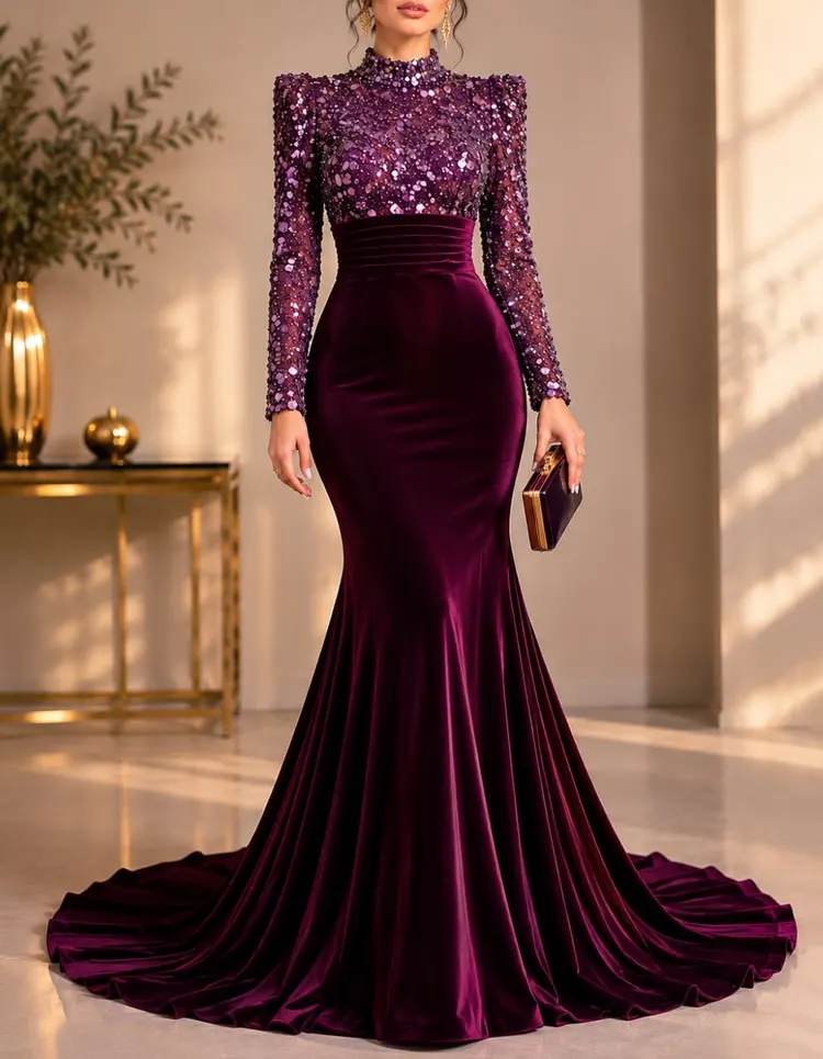 High Neck Heavy Sequin Velvet Mermaid Evening Maxi Dress