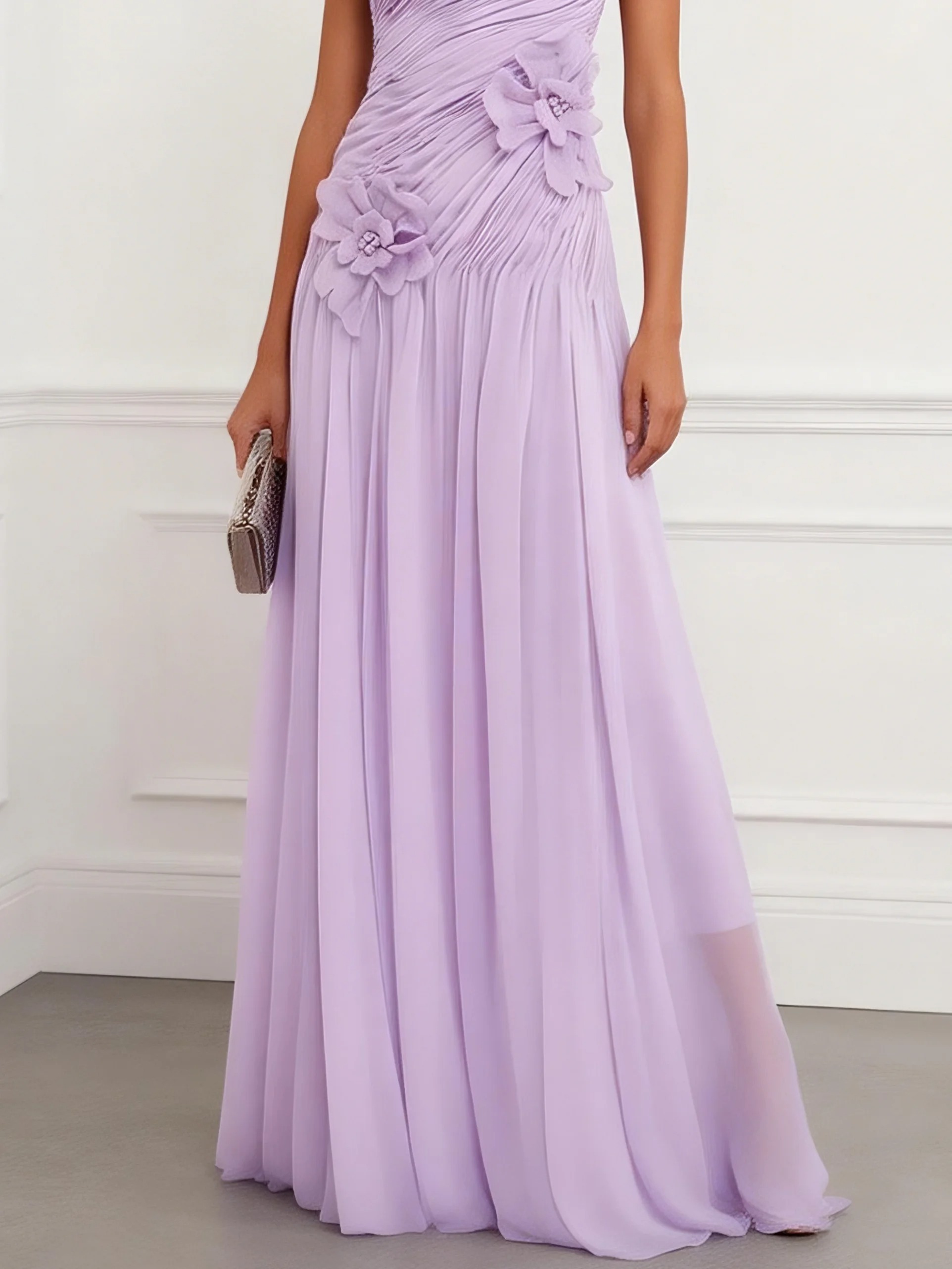 Lavender 3D Floral Ruched Chiffon Halter Sleeveless A-Line Maxi Dress