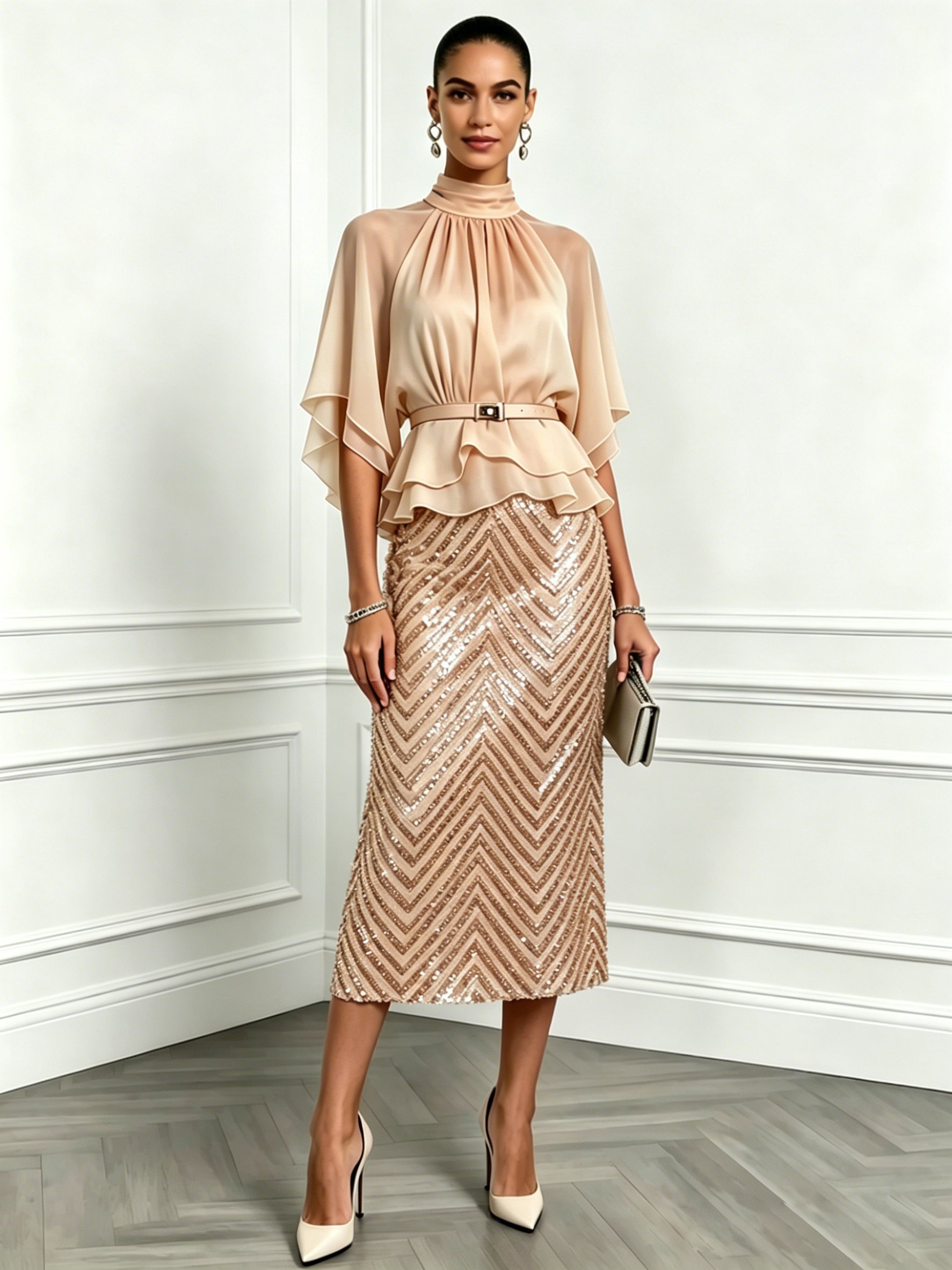 Women Apricot Ruffled Glitter Mock Neck Half Sleeve Bell Sleeve Elegant Top With Skirt Two-Piece Set