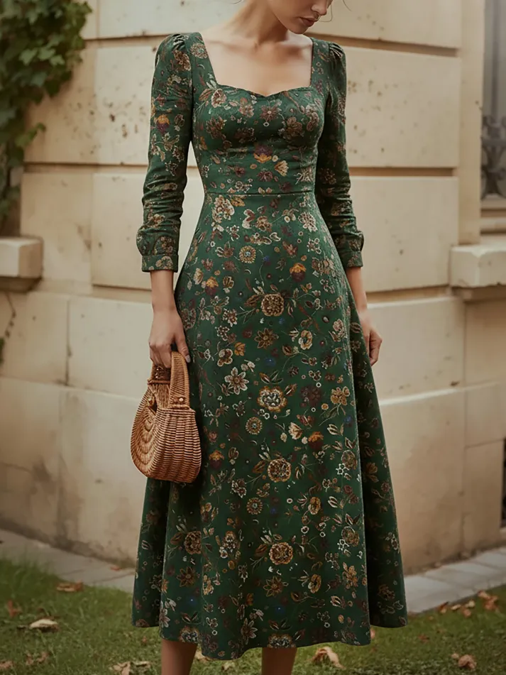 Midi Linen Dress, Long Sleeves, Square Neck, Paisley, Vintage, Green