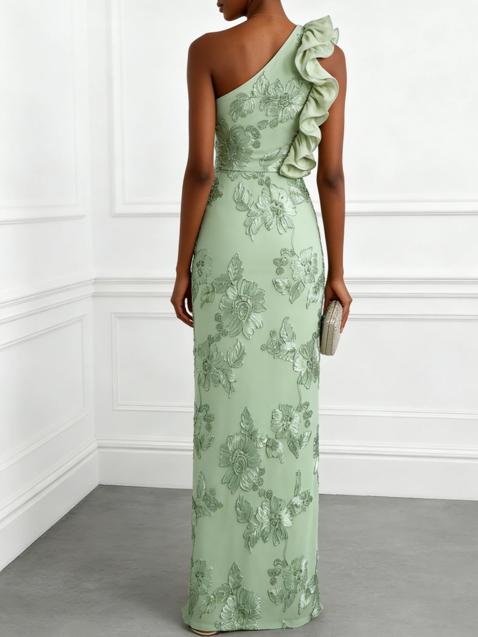 Lightgreen 3D Floral Jacquard Classic One Shoulder Sleeveless Sheath Floor-length Gown Dress