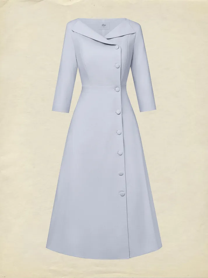 Midi Linen Dress, Half Sleeve, Shawl Collar, Plain, Button Design, French Vintage, lavender