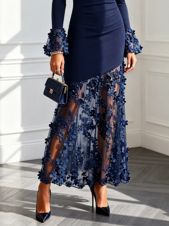Purplish Blue 3D Floral Knit Boat Neck Long Sleeve Bell Sleeve A-Line Maxi Dress