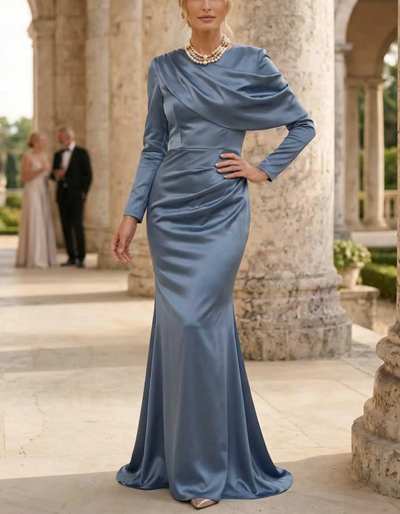 Long Sleeve Draped Satin Mermaid Maxi Dress