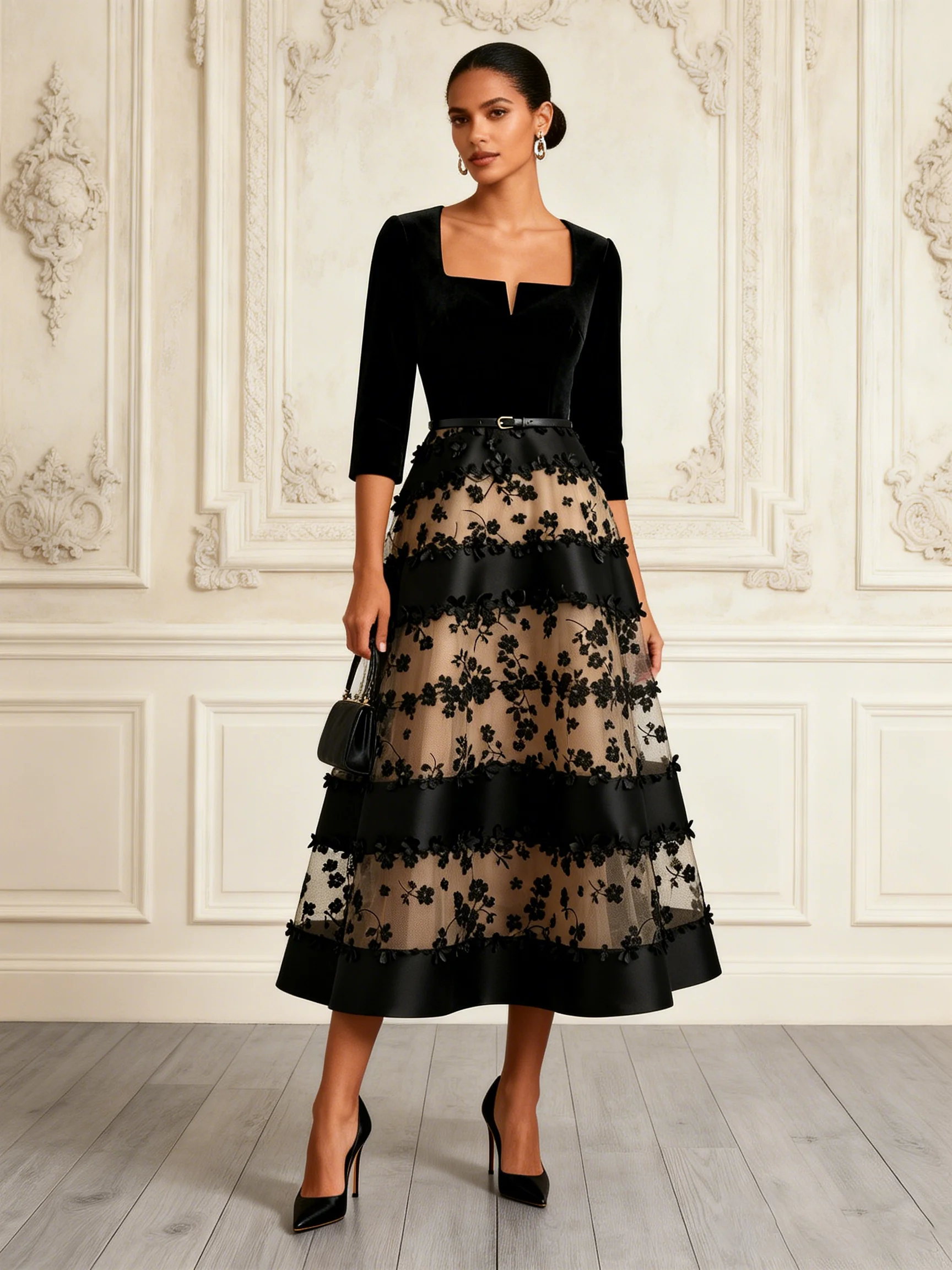 Black Flocked Ruched Velvet Notched Half Sleeve A-Line Midi Dress