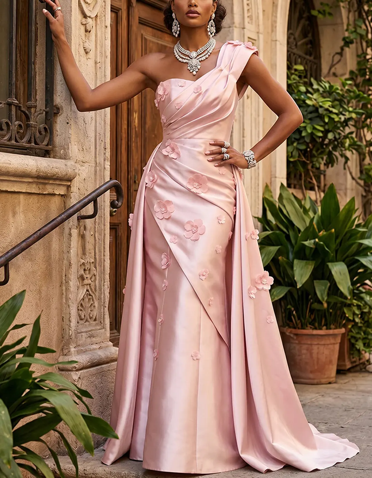Light Pink Satin One Shoulder 3D Floral Applique Maxi Dress