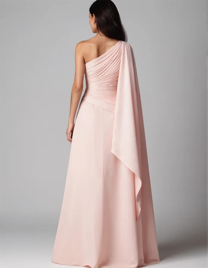 Pink Satin One-Shoulder Shawl Maxi Dress