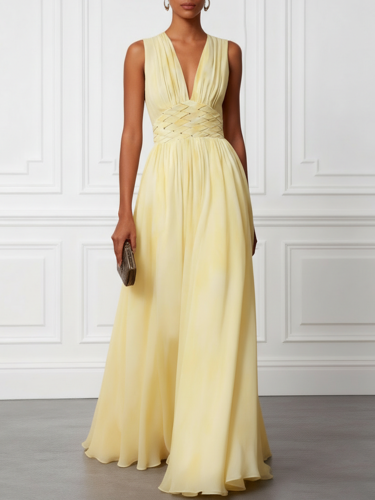 Yellow Woven Chiffon V Neck Sleeveless A-Line Maxi Dress