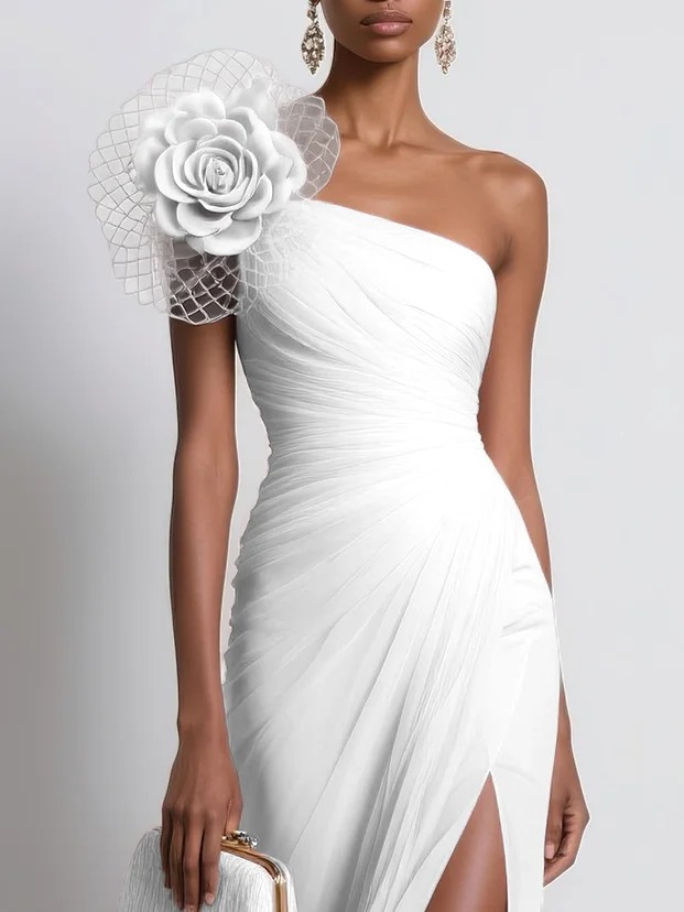 White 3D Floral Ruched Chiffon One Shoulder Sleeveless Sheath Gown Dress