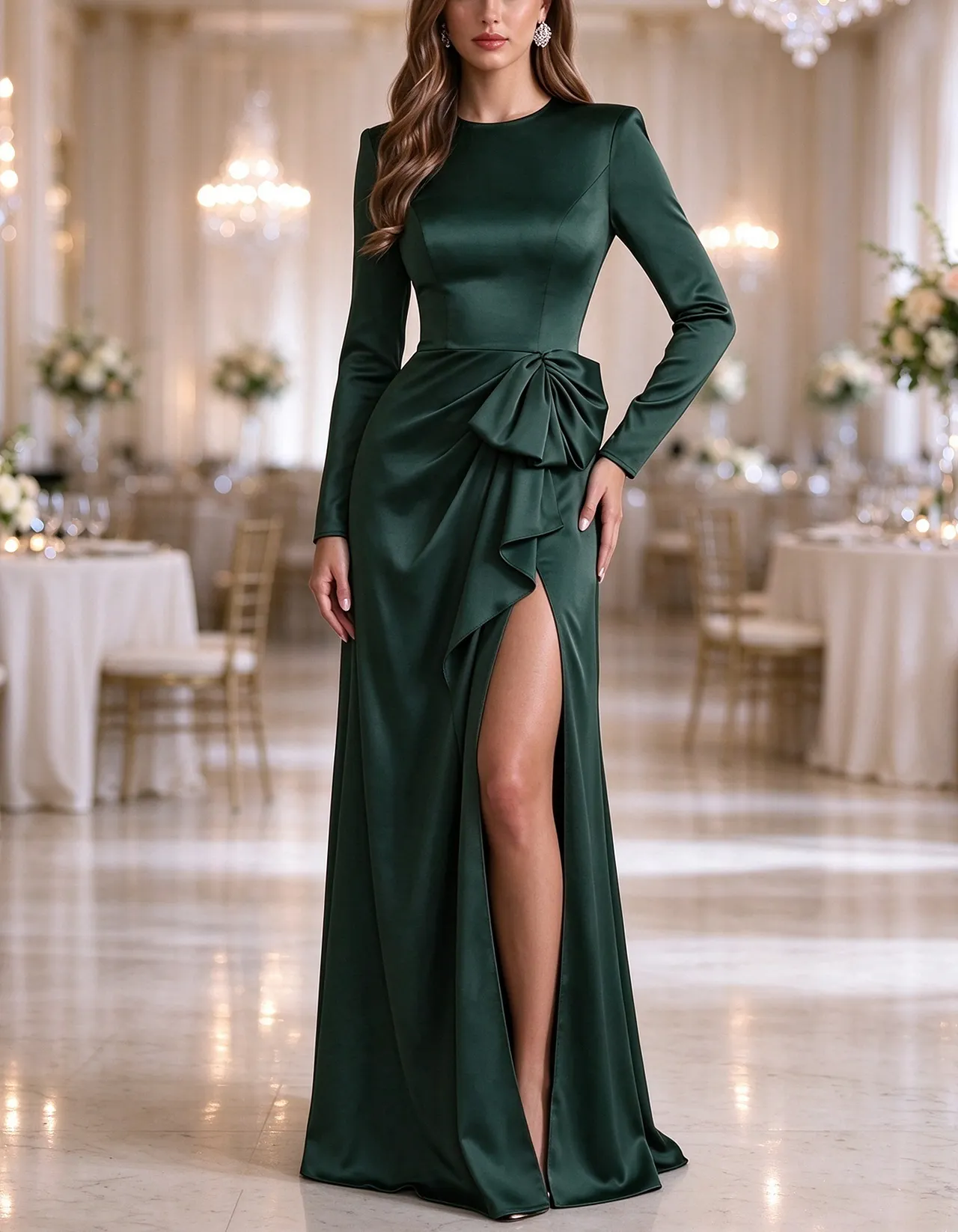 Satin Round Neck Long Sleeve Big Bow Ruffle Side Slit Maxi Dress