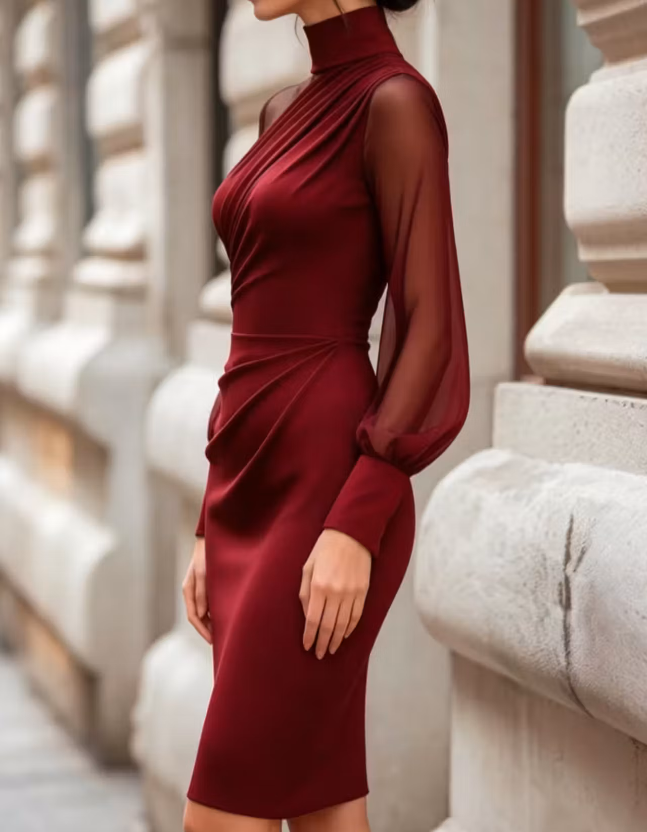 High Mock Neck Sheer Mesh Sleeve Ruched Midi Dress