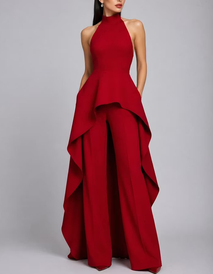 Halter-Neck Pleated Crepe Jumpsuit