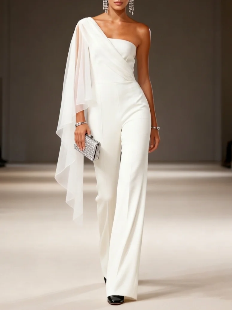 Women White Split Joint One Shoulder Sleeveless Dressy Jumpsuit
