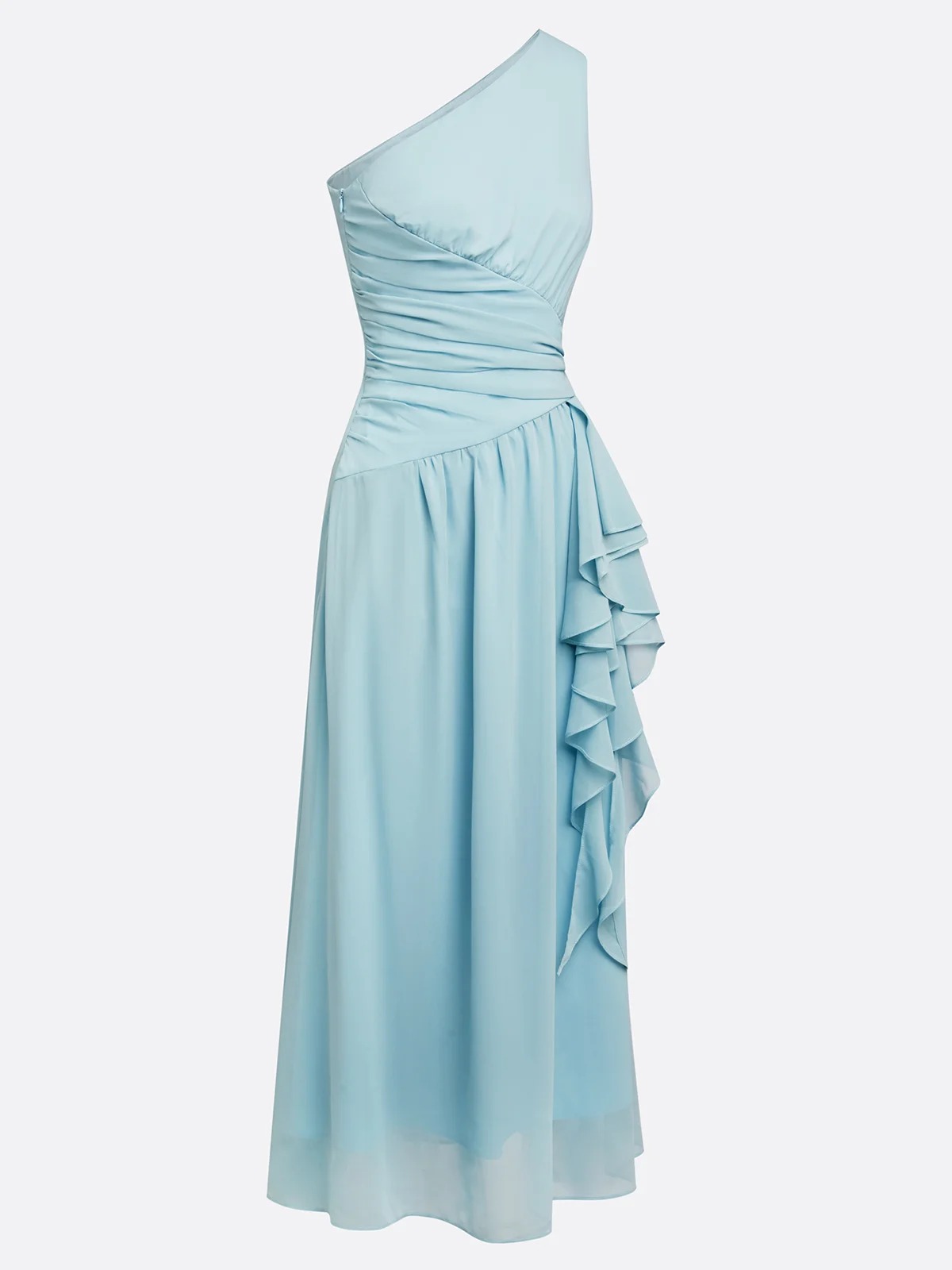 Light Blue Ruffled Ruched Chiffon One Shoulder Sleeveless A-Line Maxi Dress