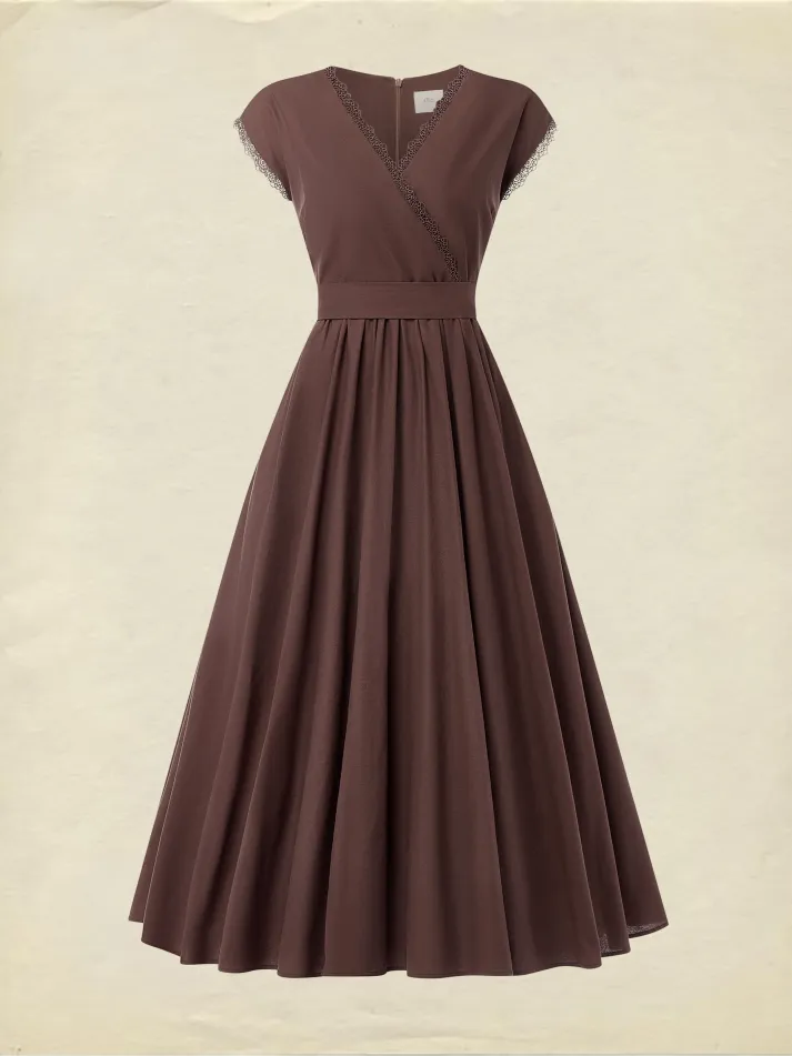 Linen Maxi Dress, Short Sleeve, Lace Collar, Plain, Vintage, CAMEO BROWN