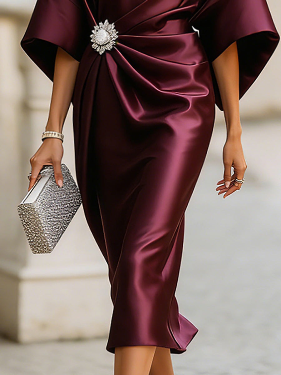 Satin Draped Midi Dress With Rhinestone Brooch Detail