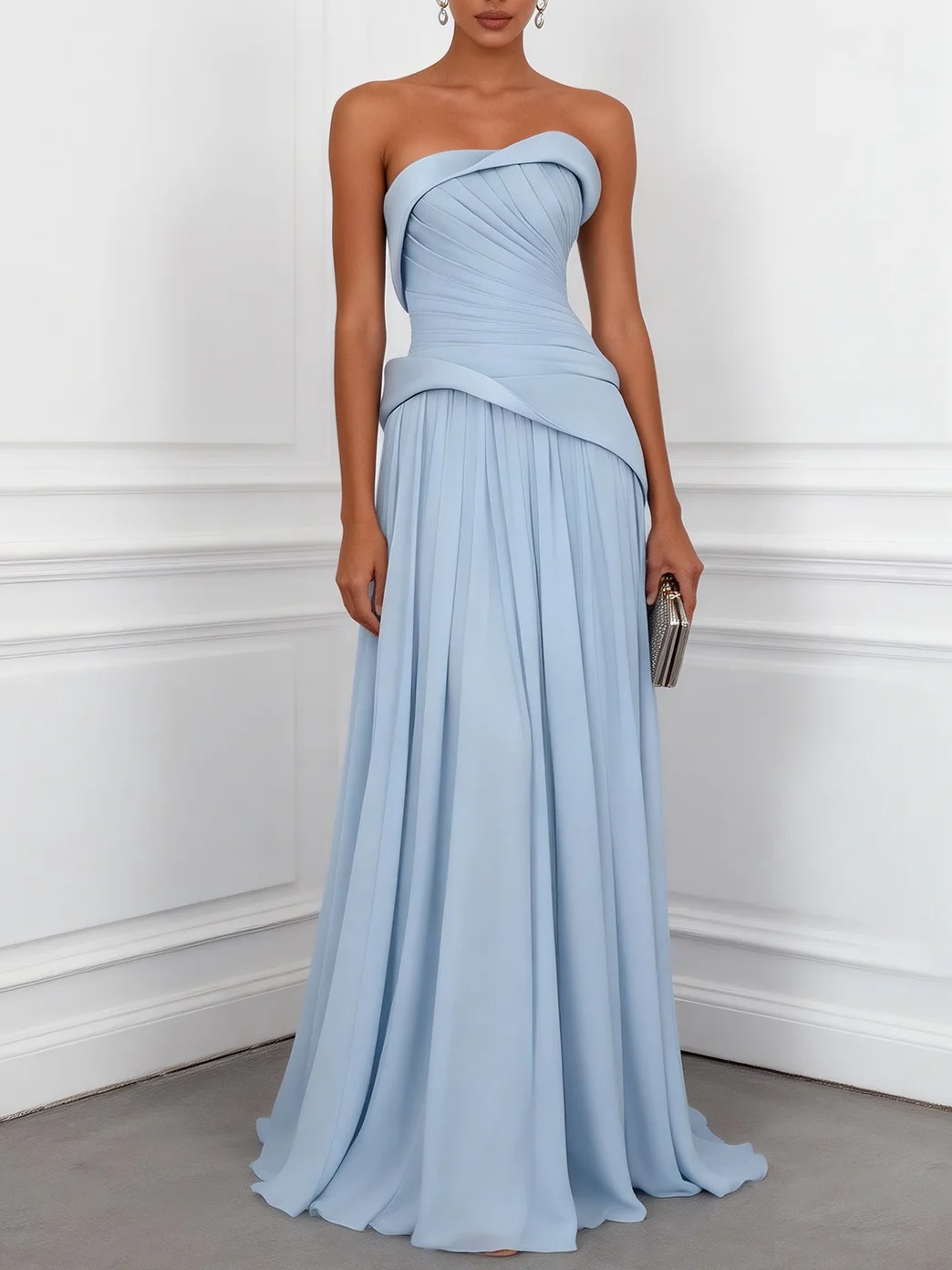 Light Blue Ruched Classic Strapless Sleeveless A-Line Gown Dress