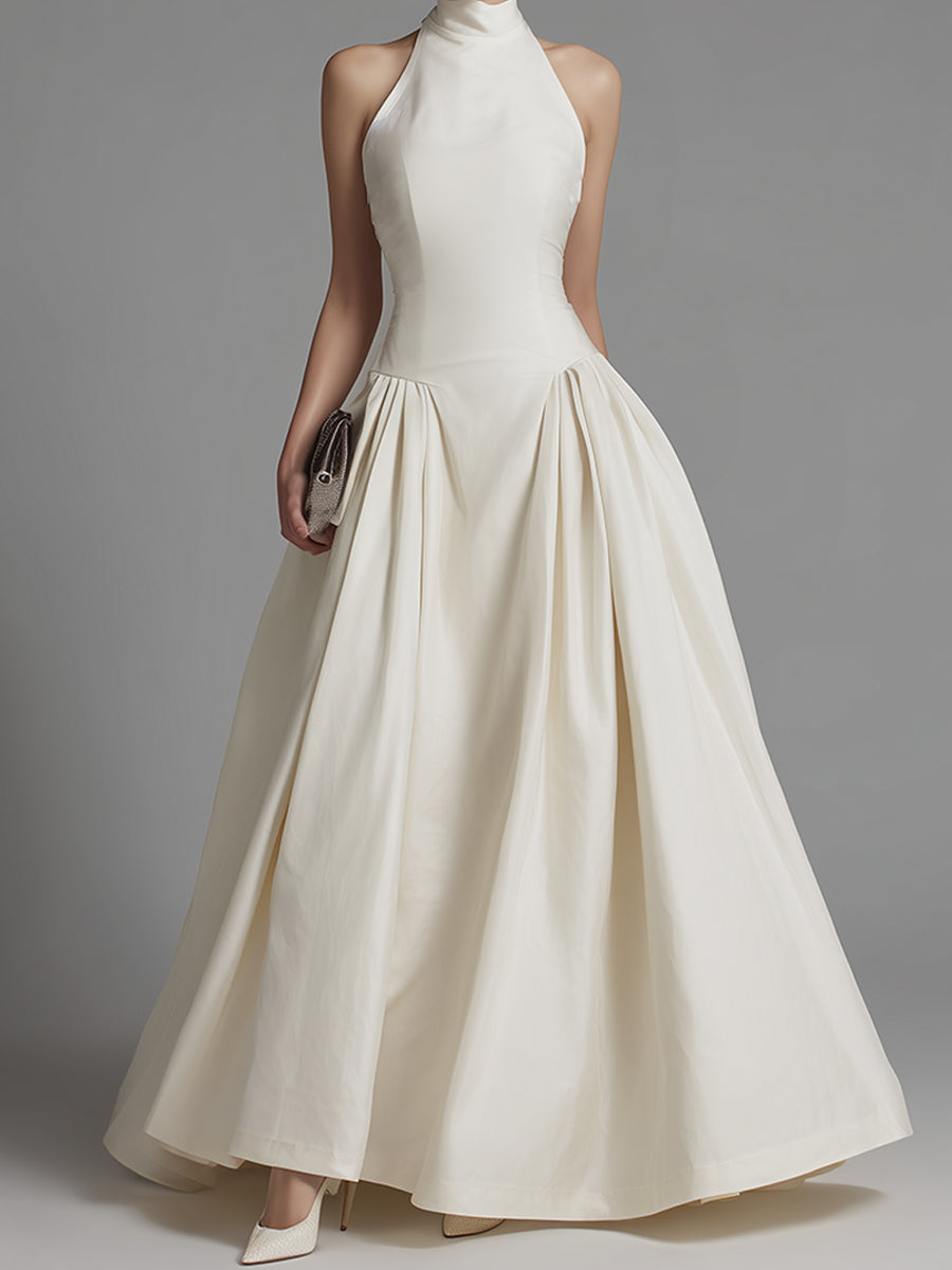 White Halter Neck Fit-and-Flare Maxi Dress With Structured Pleated Skirt