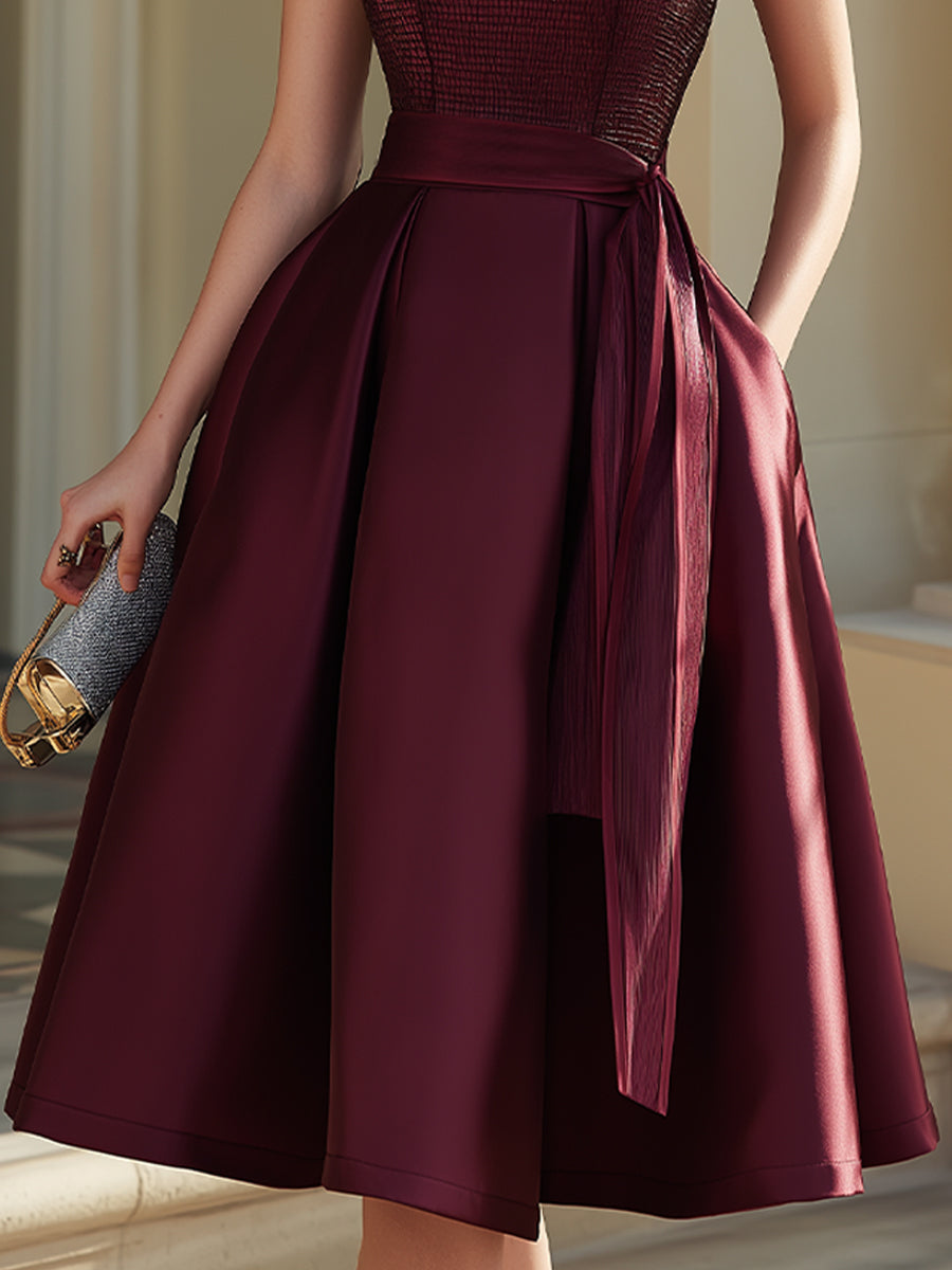 Burgundy Halter Neck Pleated Midi Dress