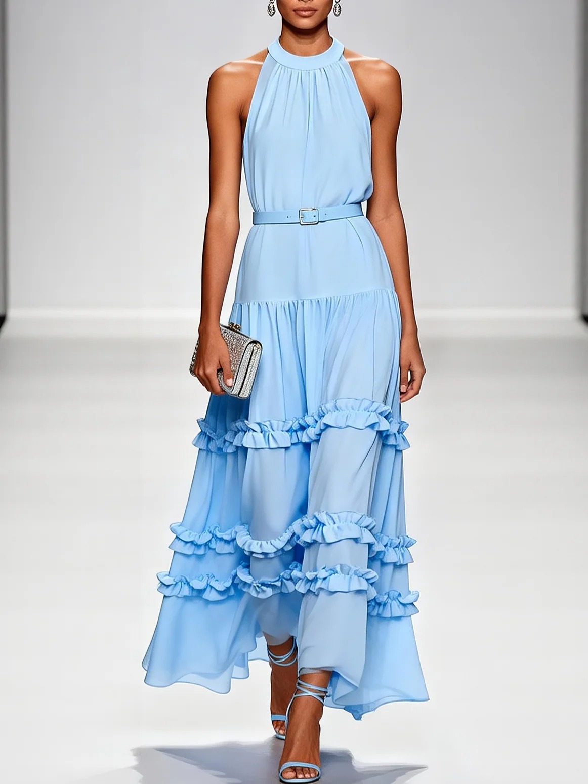 Blue Ruffled Chiffon Halter Sleeveless A-Line Maxi Dress