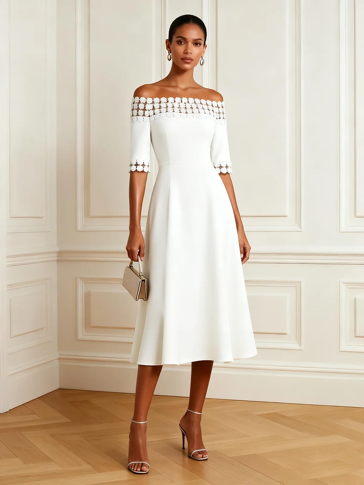 White Lace Classic Off The Shoulder Half Sleeve A-Line Midi Dress