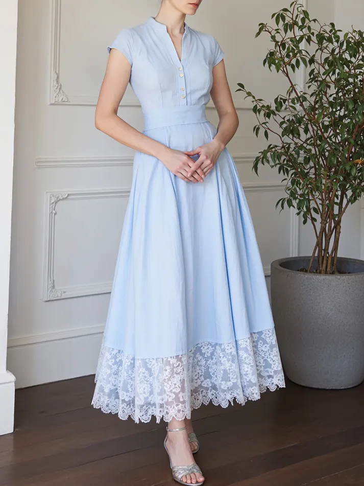 Maxi Cotton Dress , Short Sleeves, V Neck, Plain, Lace, French Vintage, Aqua blue
