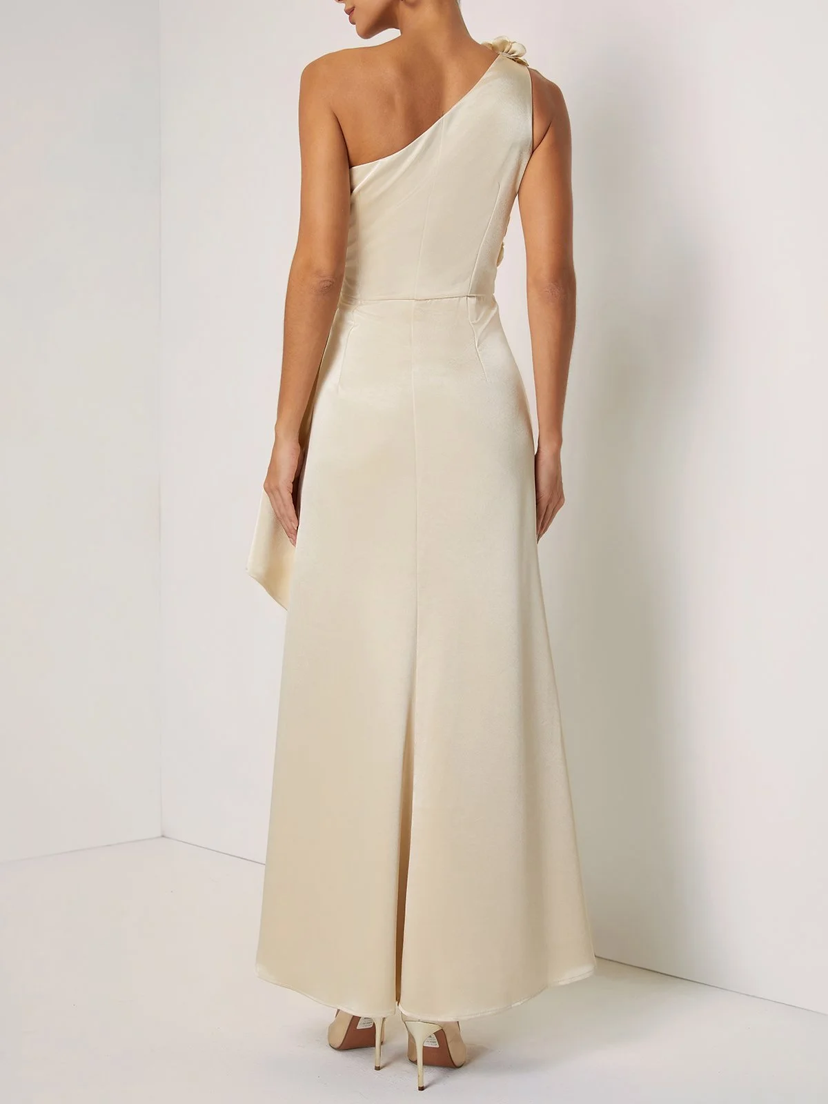 Champagne 3D Floral Ruched Satin One Shoulder Sleeveless Sheath Floor-length Gown Dress