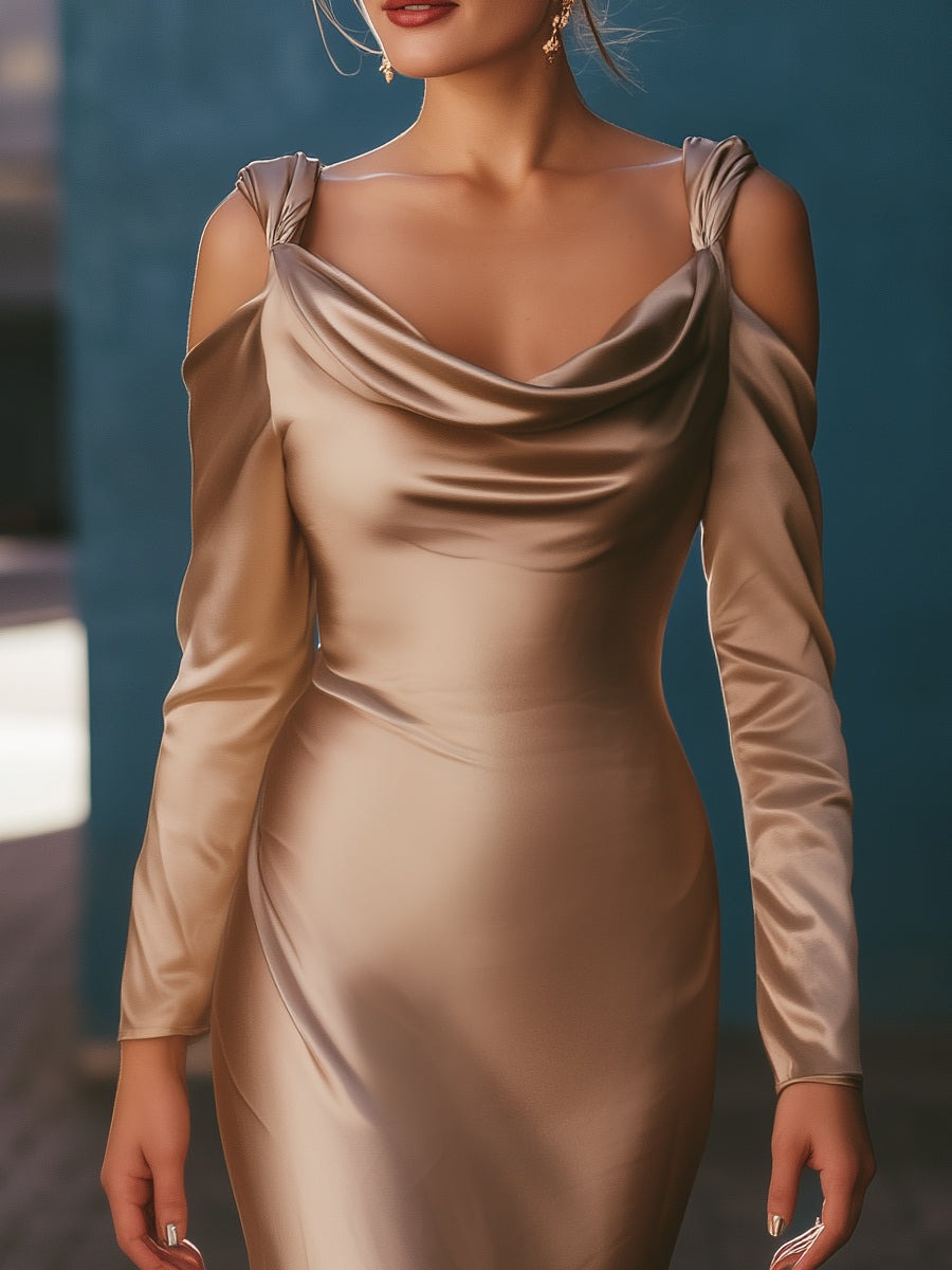 Luxurious Off-Shoulder Satin Evening Gown With Cowl Neckline