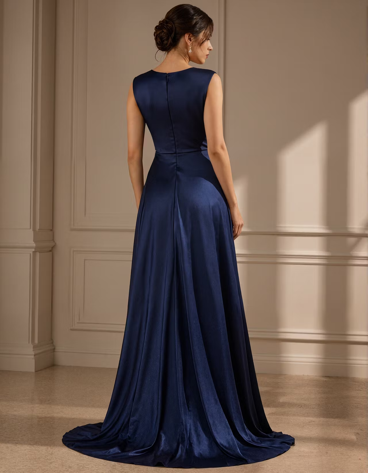 Dark Blue Satin Round Neck Maxi Dress