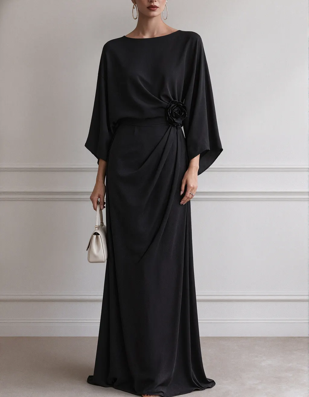 Solid Color Boat Neck Batwing Sleeves Maxi Dress