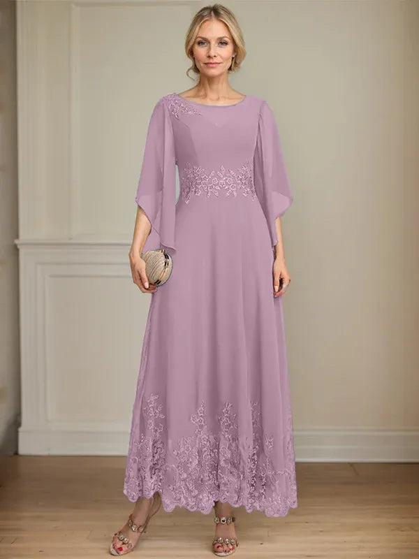 A-line Scoop Illusion Ankle-Length Lace Chiffon Mother of the Bride Dress With Sequins