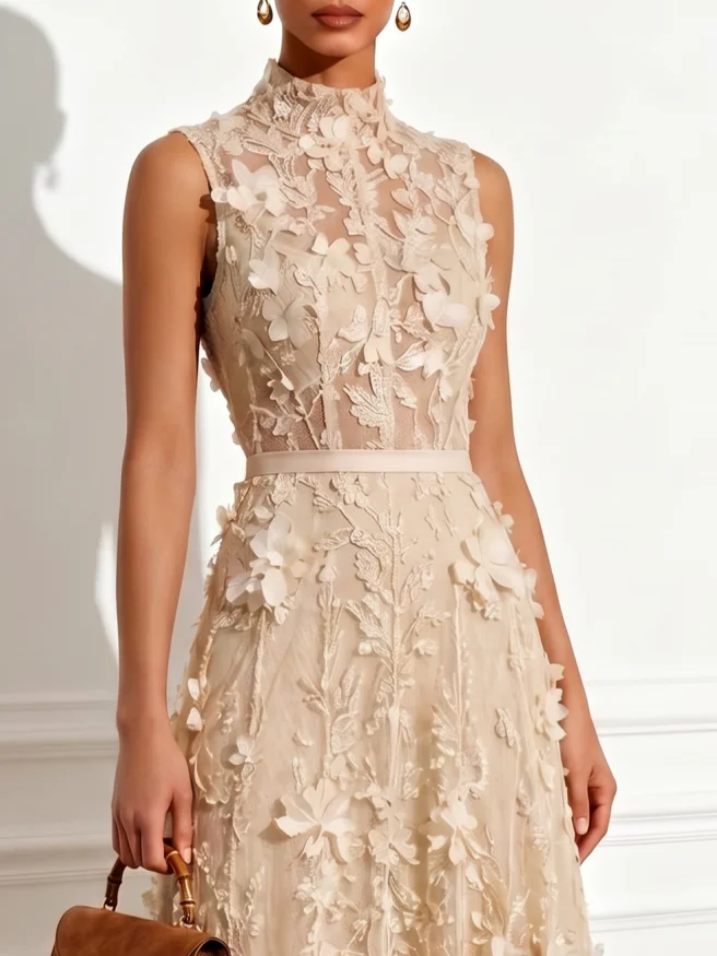 Apricot 3D Floral Lace Mock Neck Sleeveless A-Line Midi Dress