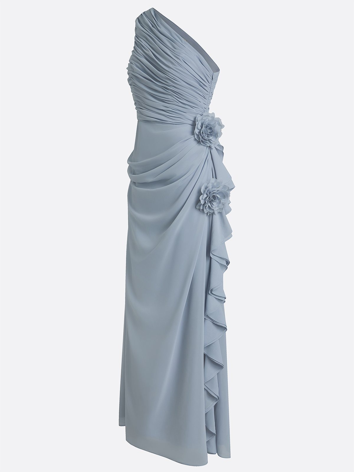Dusty Blue Sheath Maxi Chiffon One-Shoulder Ruched Rosette Bridesmaid Dress