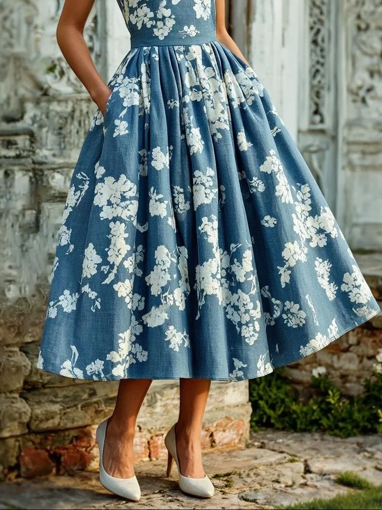 Midi Linen Dress, Sleeveless, Linen Blend, Floral, Renaissance