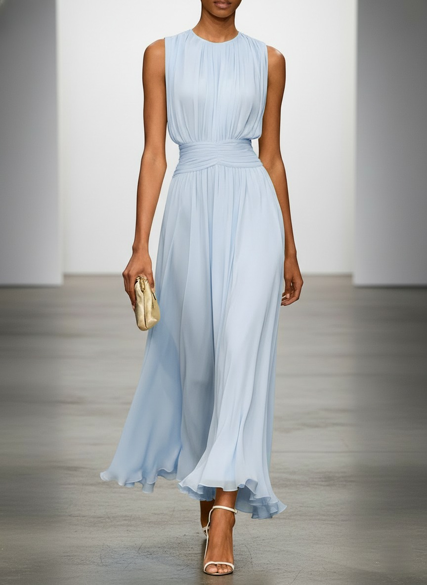 Light Blue Ruched Chiffon Crew Neck Sleeveless A-Line Maxi Dress