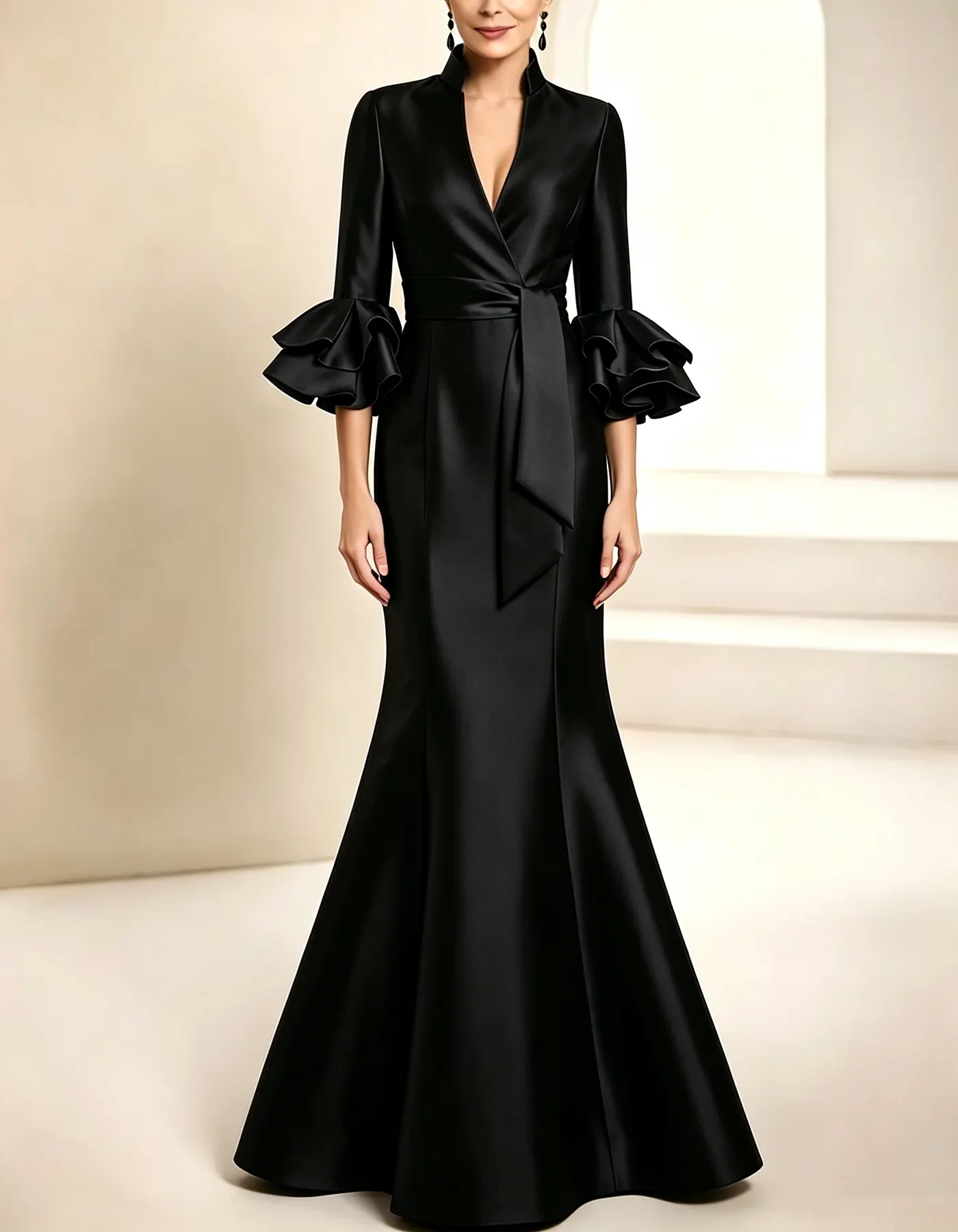 Royal Blue Stand Collar Ruffled Satin Mermaid Maxi Dress