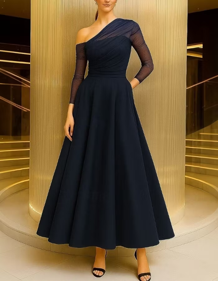 Asymmetrical One Shoulder Sheer Mesh Long Sleeve Midi Dress
